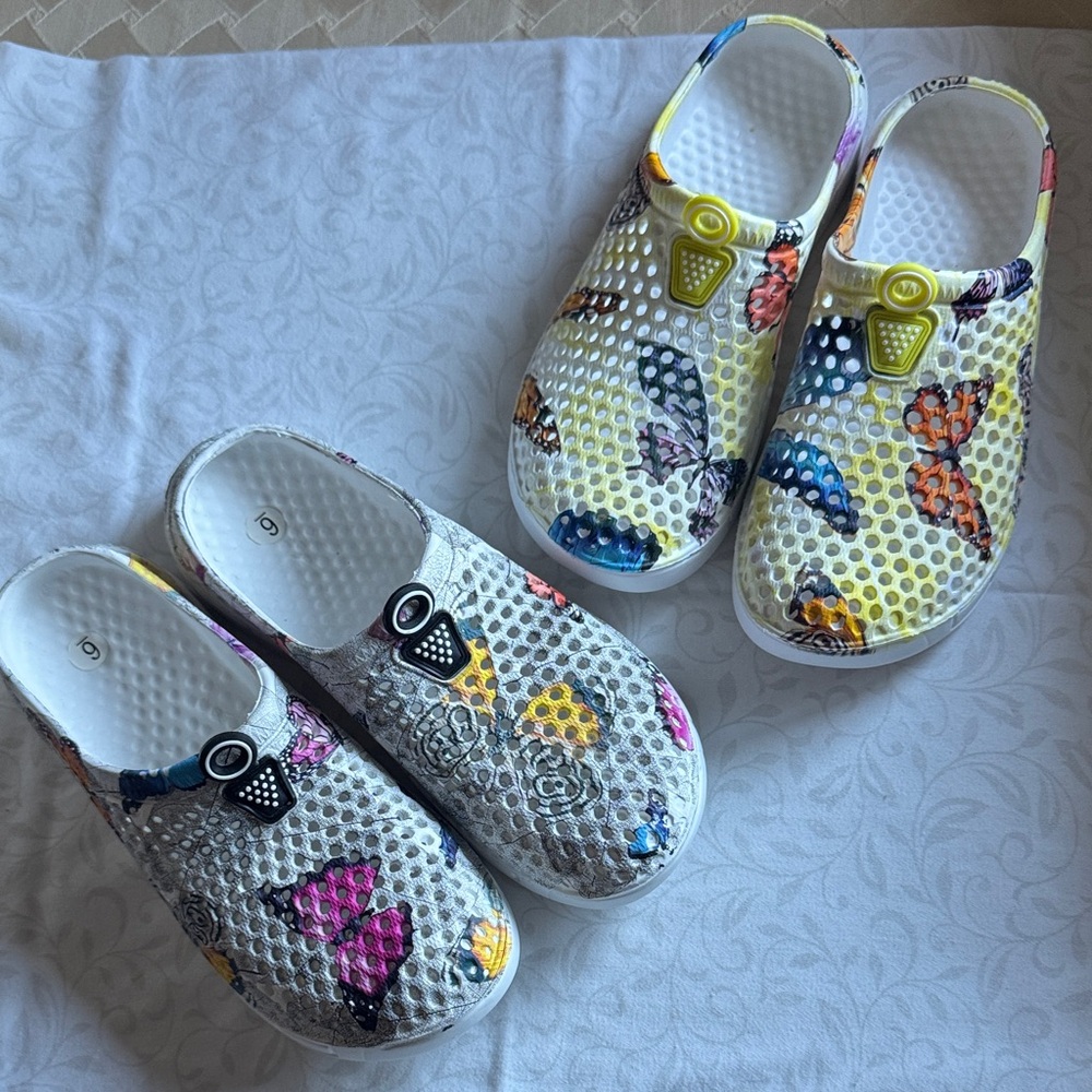 Both for $14, Colorful Butterfly Clogs size 6